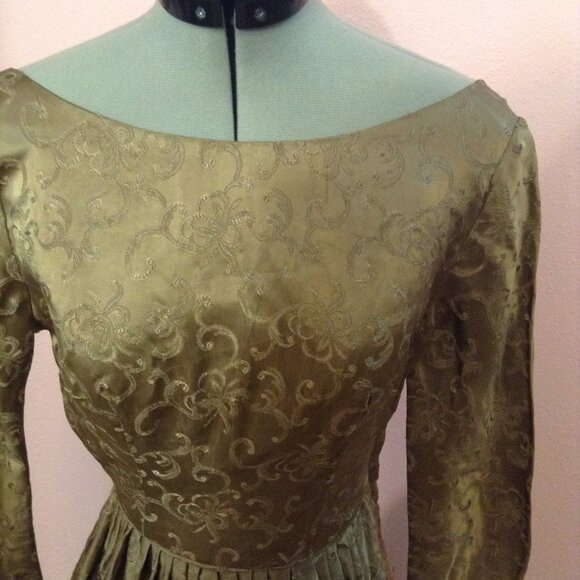Vintage 1960s '60s Satin Damask Long-Sleeved Evening Gown - Picture 3 of 6
